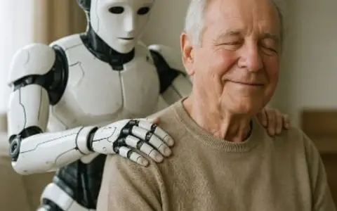 Un anziano sorride con gli occhi chiusi mentre un social robot gli massaggia le spalle, offrendo compagnia e assistenza.