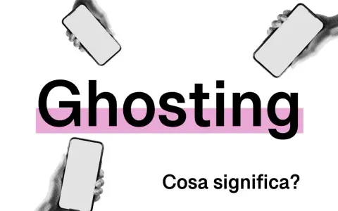Il ghosting è una forma di violenza psicologica che lascia senza parole. Mani con smartphone circondano la parola "Ghosting".