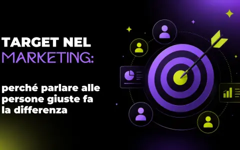 Il **target** nel marketing è la chiave: un bersaglio con una freccia al centro, circondato da icone di persone e grafici, simboleggia il successo nel raggiungere il pubblico giusto.