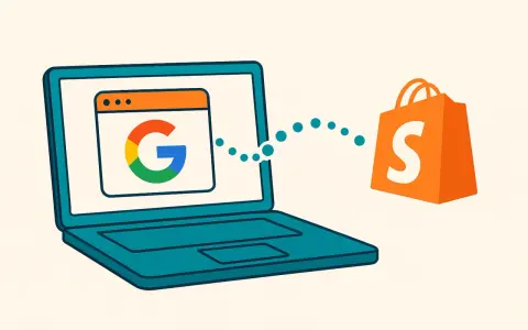 Un laptop con il logo Google mostra dati che fluiscono verso un sacchetto arancione con la S di Shopify, suggerendo l'ottimizzazione del **shopify sitemap** per la ricerca.