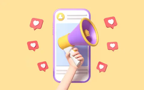 Mano con megafono su smartphone, circondata da cuori, per comunicare il blastare significato di un successo virale.