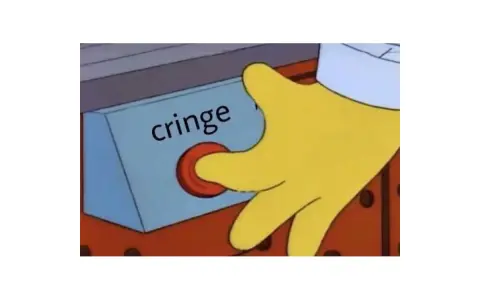 Mano gialla preme il pulsante "cringe". Un classico meme per descrivere momenti imbarazzanti.