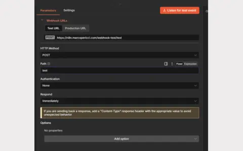 Configurazione webhook per un test. Il percorso è impostato su "test" per la richiesta POST.