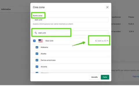 Configurazione spedizione Shopify: selezione "Stati Uniti" come zona, con 62 stati su 62 inclusi.