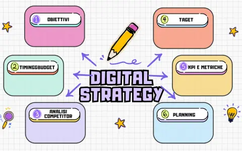 Schema di "Digital Strategy" con obiettivi, target, timing, budget, analisi competitor, KPI e planning. Ideale per contenuti organici.