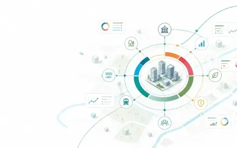 Illustrazione di una città con icone che rappresentano dati, ambiente, trasporti e comunità, suggerendo il content repurposing di informazioni per una visione olistica.