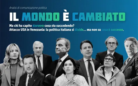Volti della politica italiana sotto il titolo "Il mondo è cambiato". Analisi di comunicazione politica che riflette sulle divisioni.