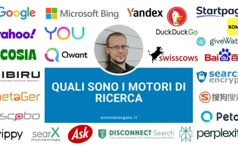 Loghi di vari motori di ricerca, tra cui Google, Bing, DuckDuckGo, Startpage, Ecosia, Qwant, Swisscows, Baidu, e altri, con la domanda "Quali sono i motori di ricerca".