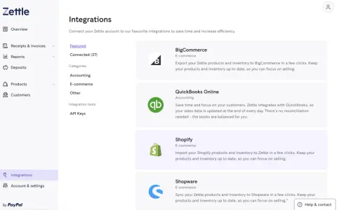 Schermata di integrazione Zettle, con opzioni per Shopify, BigCommerce e QuickBooks.