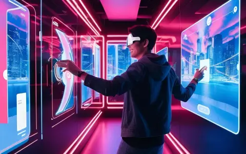 Un uomo con visore VR interagisce con schermi luminosi, esplorando il **phygital significato** in un corridoio futuristico.
