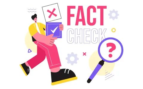Uomo con cartelli "X" e spunta, simbolo di "fact checkers significato". Lente d'ingrandimento con punto interrogativo.