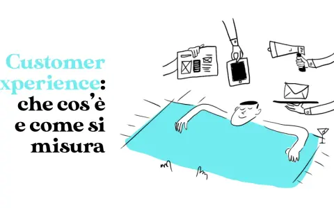 Customer Experience: che cos'è e come si misura. Un uomo rilassato su un lettino blu, circondato da mani che offrono dispositivi digitali e comunicazioni, per una perfetta digital experience.