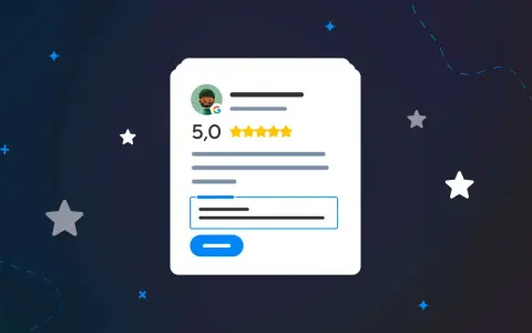 Interfaccia di un'app per recensioni con valutazione 5 stelle e un utente stilizzato.