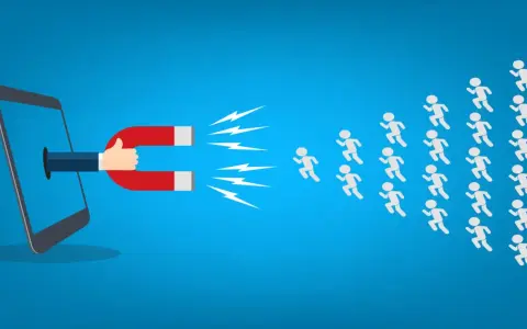 Un magnete esce da uno smartphone, attirando una folla di persone. Efficace viral marketing!