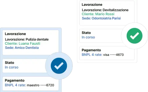 Dettagli lavorazioni dentistiche: pulizia per Luana Fausti e devitalizzazione per Mario Rossi. Le recensioni qomodo confermano l'efficienza.