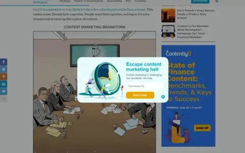 Un pop-up con un orologio e persone che lavorano su fogli di carta, invita a iscriversi per sfuggire all'inferno del content marketing.