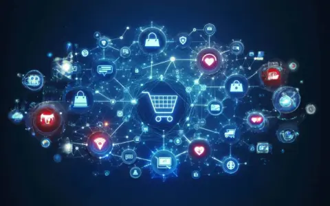Rete di icone digitali con carrello al centro, che illustra i vantaggi e-commerce: acquisti, pagamenti sicuri, spedizioni e connessioni globali.
