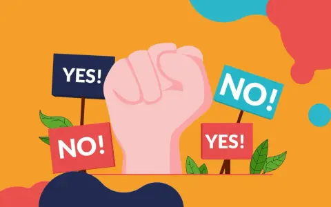Pugno chiuso con cartelli "YES!" e "NO!". Un'immagine che simboleggia la scelta, il dibattito, il "woke washing" che cerca di influenzare le decisioni.