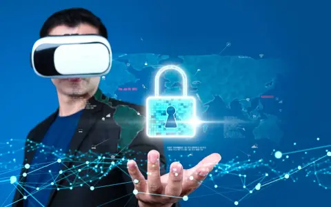 Uomo con visore VR, un lucchetto digitale e una mappa del mondo. La realtà virtuale sesso è un concetto futuristico.