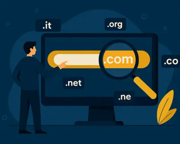 Un uomo cerca su un monitor con una lente d'ingrandimento per capire come trovare il dominio perfetto, tra opzioni come .com, .it, .org, .net, .co e .ne.