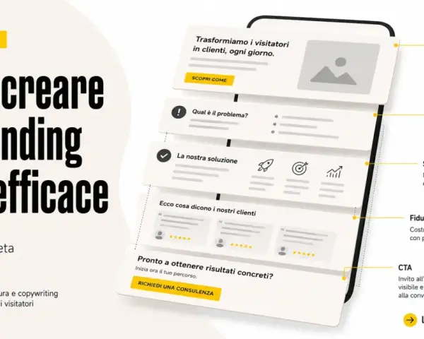 Guida completa: Come creare una landing page efficace. Illustra gli elementi chiave di una landing page: Hero, Problema, Soluzione, Fiducia e CTA.