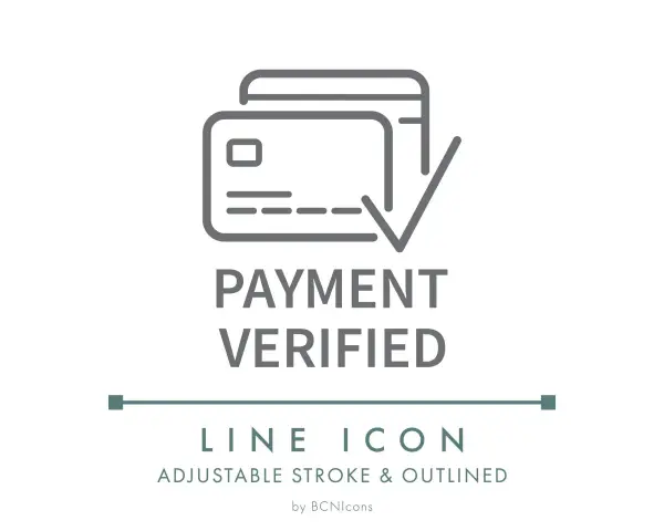 Icona pagamento con carte di credito e segno di spunta, indica transazione verificata.