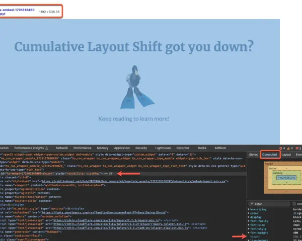 Il codice mostra un elemento `div` con `id="hs-embed-173161246080-ihipyt"`. Il suo `significato` è che è un contenitore per contenuti incorporati, visibile e con dimensioni 1192x538.375px.