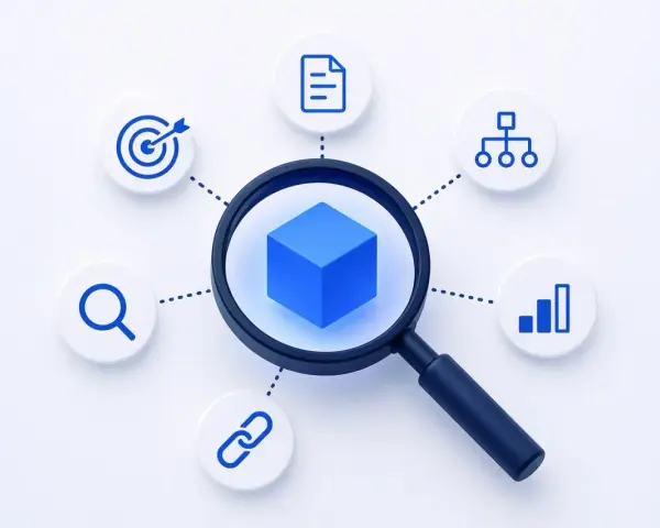 Lente d'ingrandimento su un cubo blu, circondata da icone che rappresentano ricerca, obiettivi, documenti, grafici e link. Simboleggia la costruzione della **topical authority**.