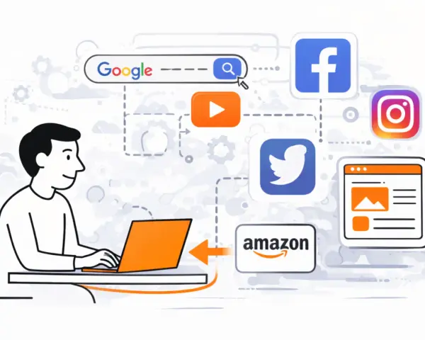 Un utente naviga tra i 100 siti più visitati in Italia: Google, Facebook, Instagram, Twitter, YouTube e Amazon.