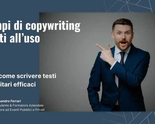 Uomo sorpreso indica esempi di copywriting efficaci. Impara a creare testi pubblicitari vincenti con Alessandro Ferrari.