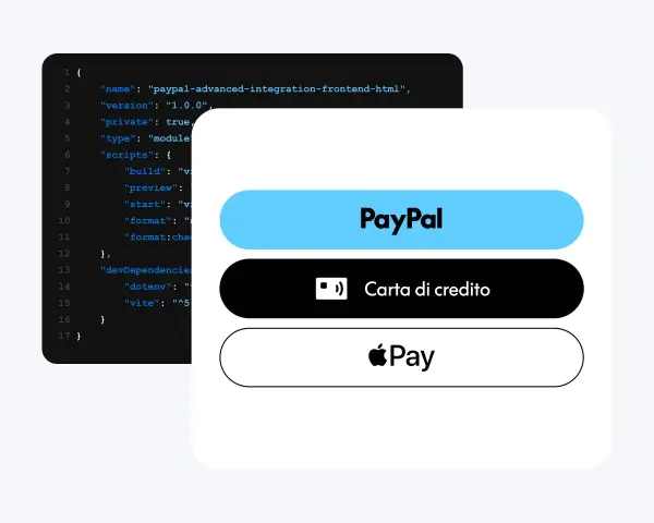 Codice per integrazione frontend PayPal, con opzioni di pagamento come PayPal Express Checkout, carta di credito e Apple Pay.