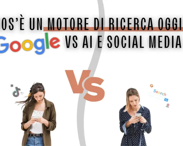Google vs. social media: cos'è un motore di ricerca oggi? Due donne usano smartphone, una con icone social, l'altra con barra di ricerca Google.