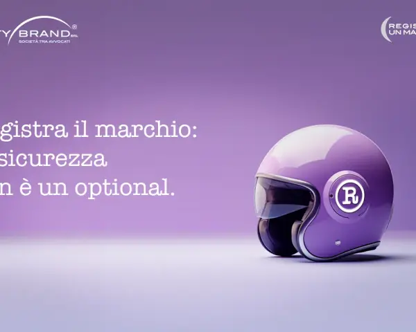 Casco viola con logo "R" e testo "Registra il marchio: la sicurezza non è un optional." per la brand safety.
