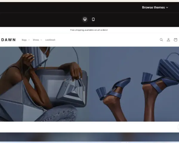 Anteprima del tema Dawn, un'ottima guida shopify per creare un sito di moda con borse e scarpe eleganti.