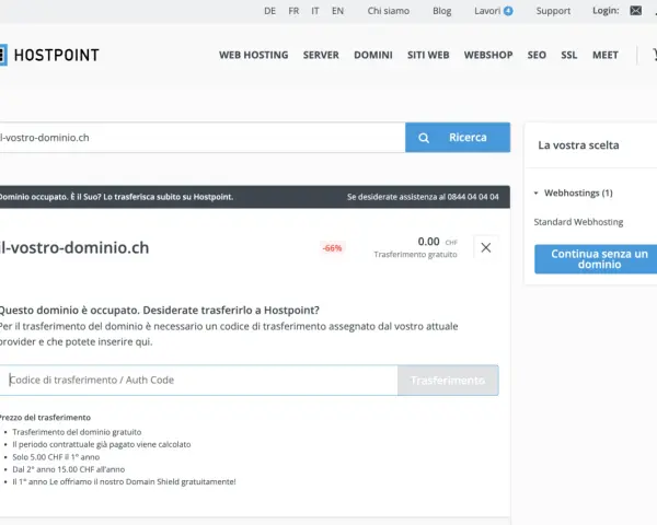 Pagina per il trasferimento di domini occupati. Inserisci il codice di trasferimento per completare i tempi trasferimento dominio.