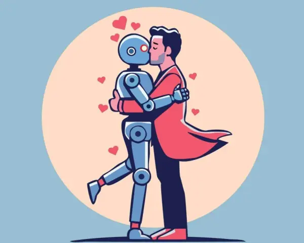 Un uomo bacia un robot sesso, circondati da cuori rossi.