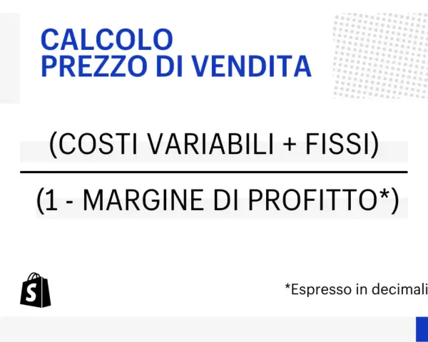 Formula per calcolare il prezzo di vendita su Shopify, considerando costi e margine di profitto.