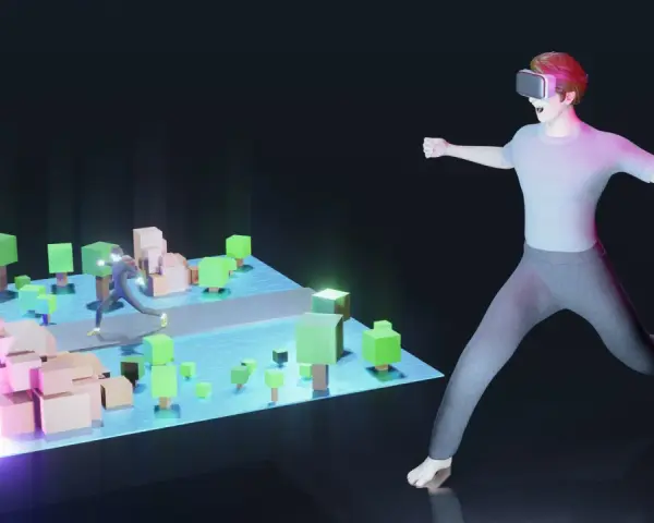 Un ragazzo con visore VR esplora un mondo virtuale, un metaverso esempio di interazione digitale con avatar e paesaggi stilizzati.