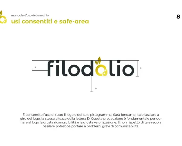 Logo "filodolio" con pittogramma giallo. Il manuale d'uso spiega il logo significato e le regole di impiego per garantirne la riconoscibilità.