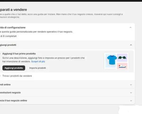 Guida per creare un sito con Shopify: aggiungi il tuo primo prodotto, imposta prezzi e foto.
