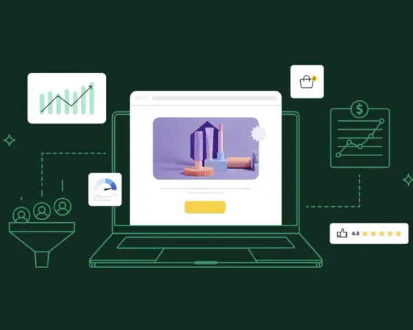 Grafica che illustra il processo di creazione e ottimizzazione di landing pages, con icone di analisi, funnel e recensioni.