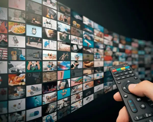 Un telecomando seleziona contenuti da un muro di schermi, offrendo un'ampia scelta di video on demand.