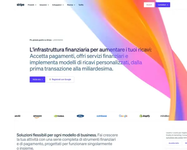 Stripe: infrastruttura finanziaria per aumentare ricavi. Il cta significato è "Inizia ora", per accettare pagamenti e offrire servizi.