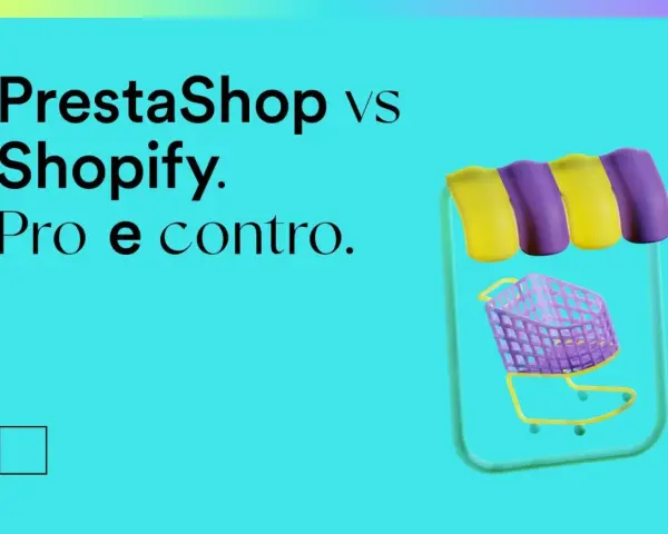 Confronto tra PrestaShop e Shopify: pro e contro. Un carrello della spesa stilizzato su sfondo turchese.