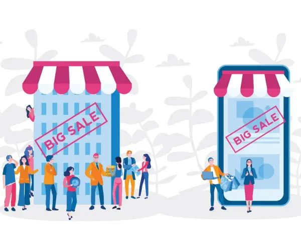 Un negozio fisico e uno virtuale, entrambi con "BIG SALE". Il **click and mortar** unisce il meglio dei due mondi.