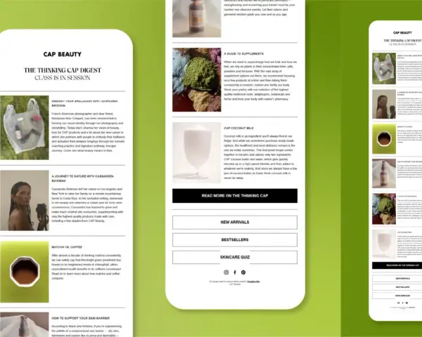 Newsletter di Shopify con articoli su bellezza, integratori e latte di cocco.