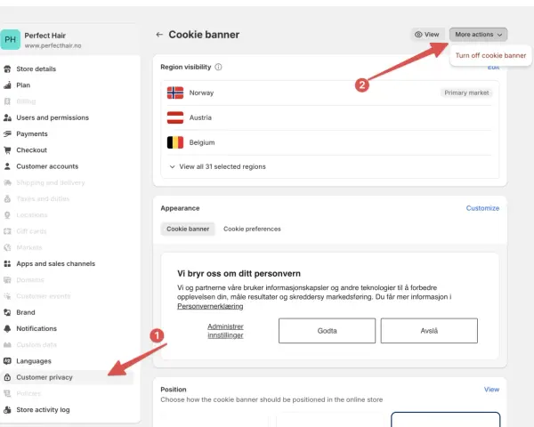 Impostazioni del **shopify cookie banner** per la privacy dei clienti, con opzioni per Norvegia, Austria, Belgio e altro.