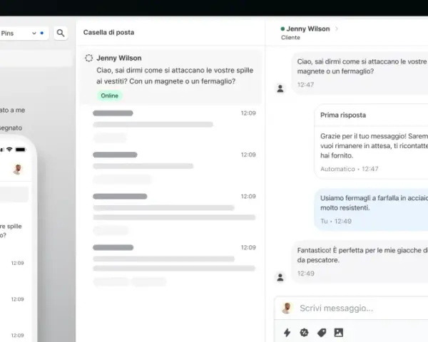 Interfaccia di chat di Shopify con conversazione cliente-venditore su spille magnetiche.