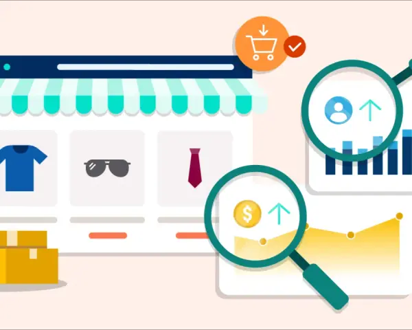 Un negozio online con prodotti, pacchi e grafici analizzati da lenti d'ingrandimento. Capire cos'è un blog per il successo online.