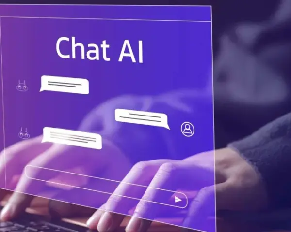 Interfaccia di un tool intelligenza artificiale "Chat AI" con bolle di dialogo e un'icona di testa stilizzata.